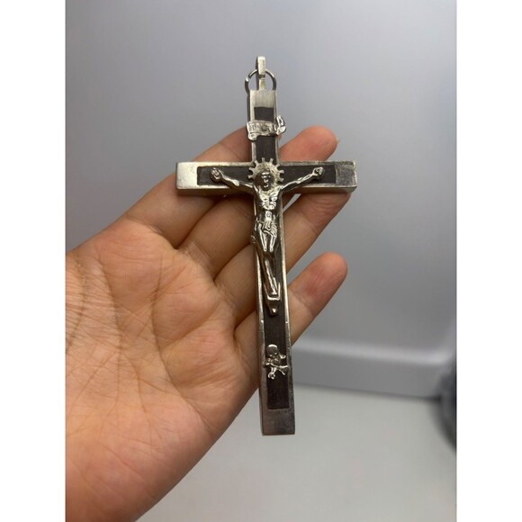 VTG MEMENTO MORI PECTORAL CRUCIFIX 5" EUROPEAN PENDANT CROSS SKULL BONE WOOD - Picture 2 of 9